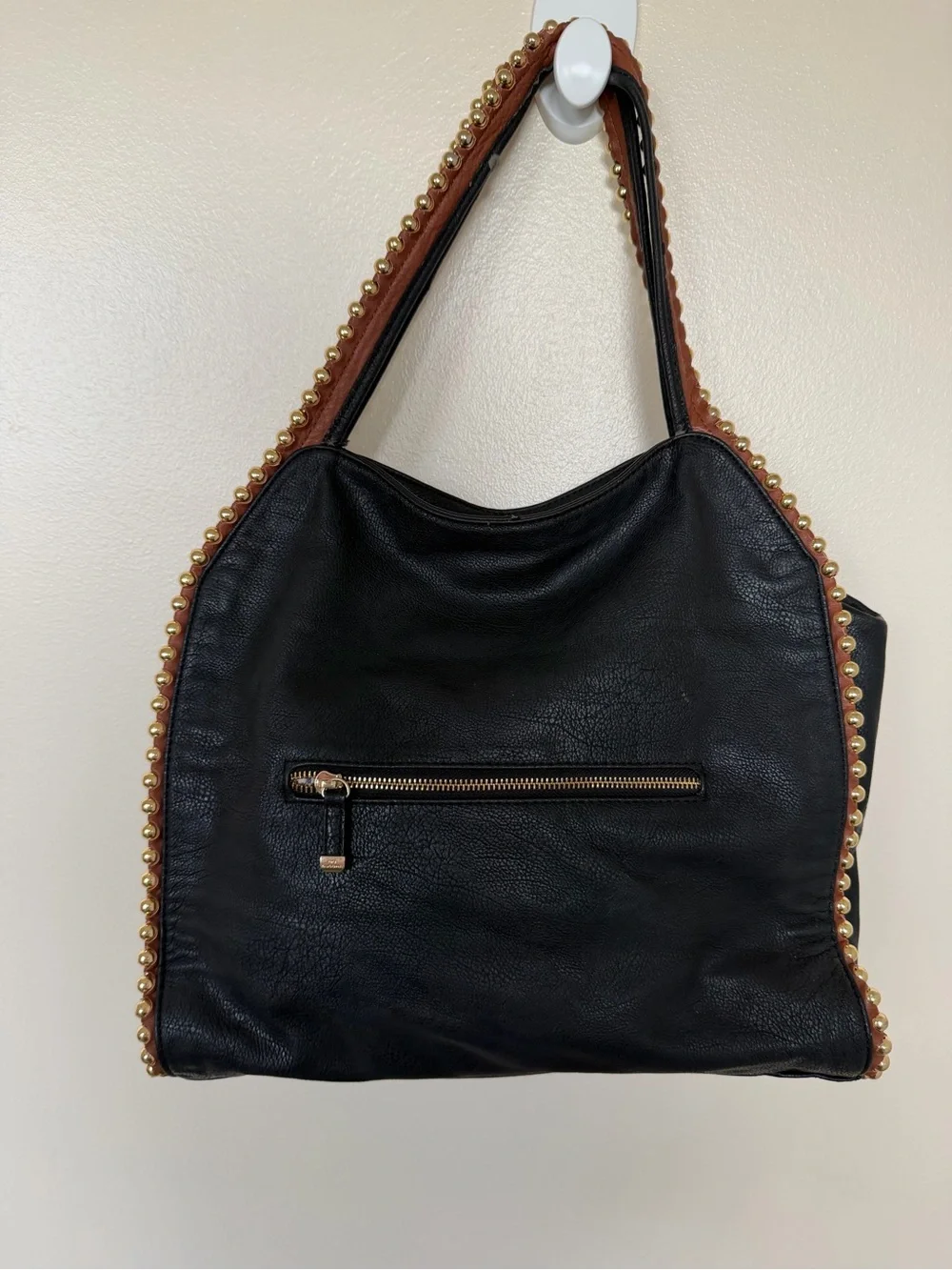 BIG BUDDHA Black Large Hobo Shoulder Bag with Cognac Brown Gold Bead Trim